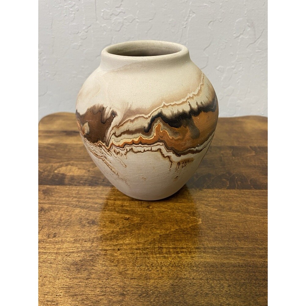 Nemadji Marbled Art Pottery Vase 6in Matte Beige Brown Abstract Decor